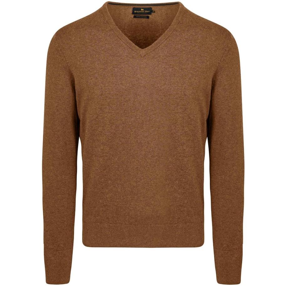 Steppin' Out Trui Cotton Cashmere V-hals Camel Bruin