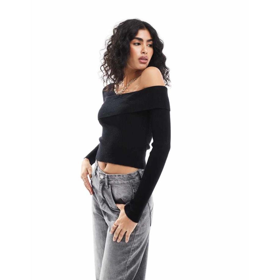 Miss Selfridge Asymmetrische geribbelde gebreide top met lange mouwen in zwart Zwart