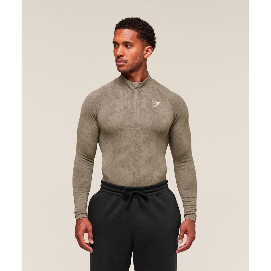Gymshark Geo Seamless 1/4 Zip Linen Brown/Camo Brown Bruin