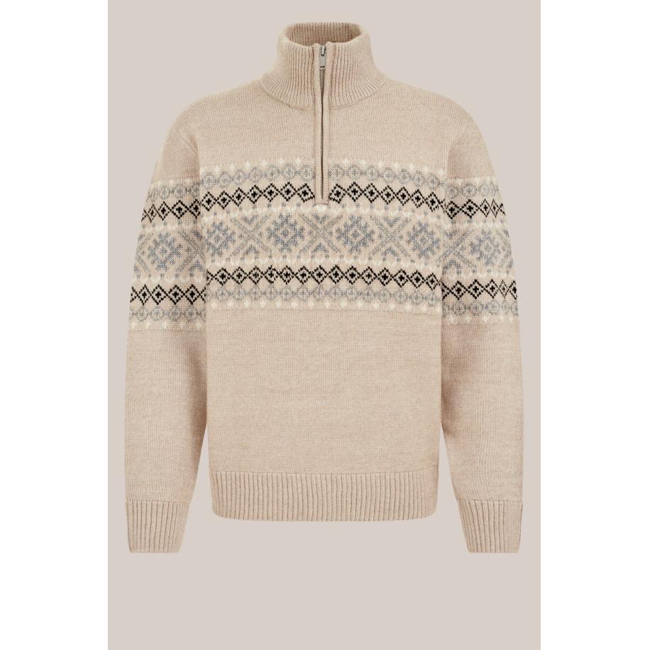 WE Fashion Heren slim fit gebreide trui met print - Regular fit - Beige - Maat: S Bruin