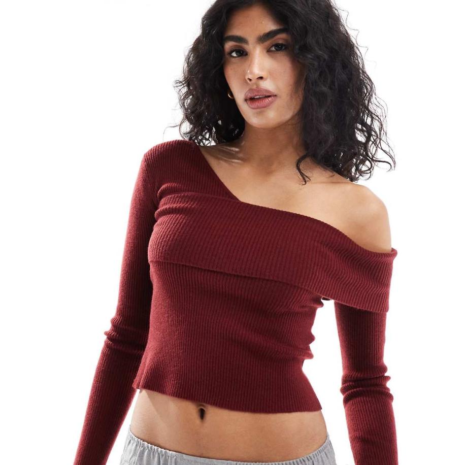 Miss Selfridge Asymmetrische geribbelde gebreide top met lange mouwen in bordeauxrood Rood