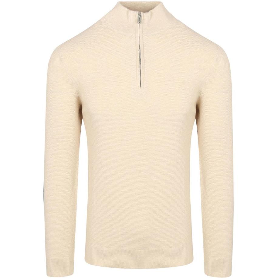 Profuomo Half Zip Pullover Structuur Ecru Bruin