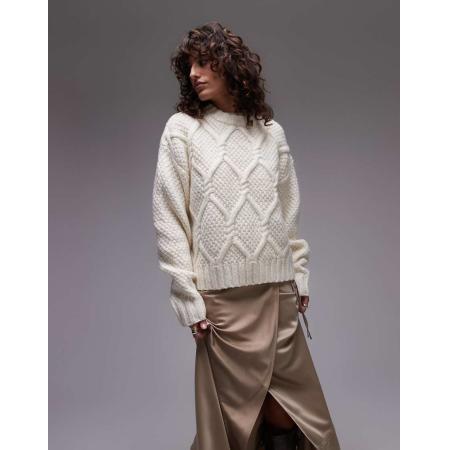Topshop Grofgebreide oversized trui met gedraaide kabels en ronde hals in ivoorwit