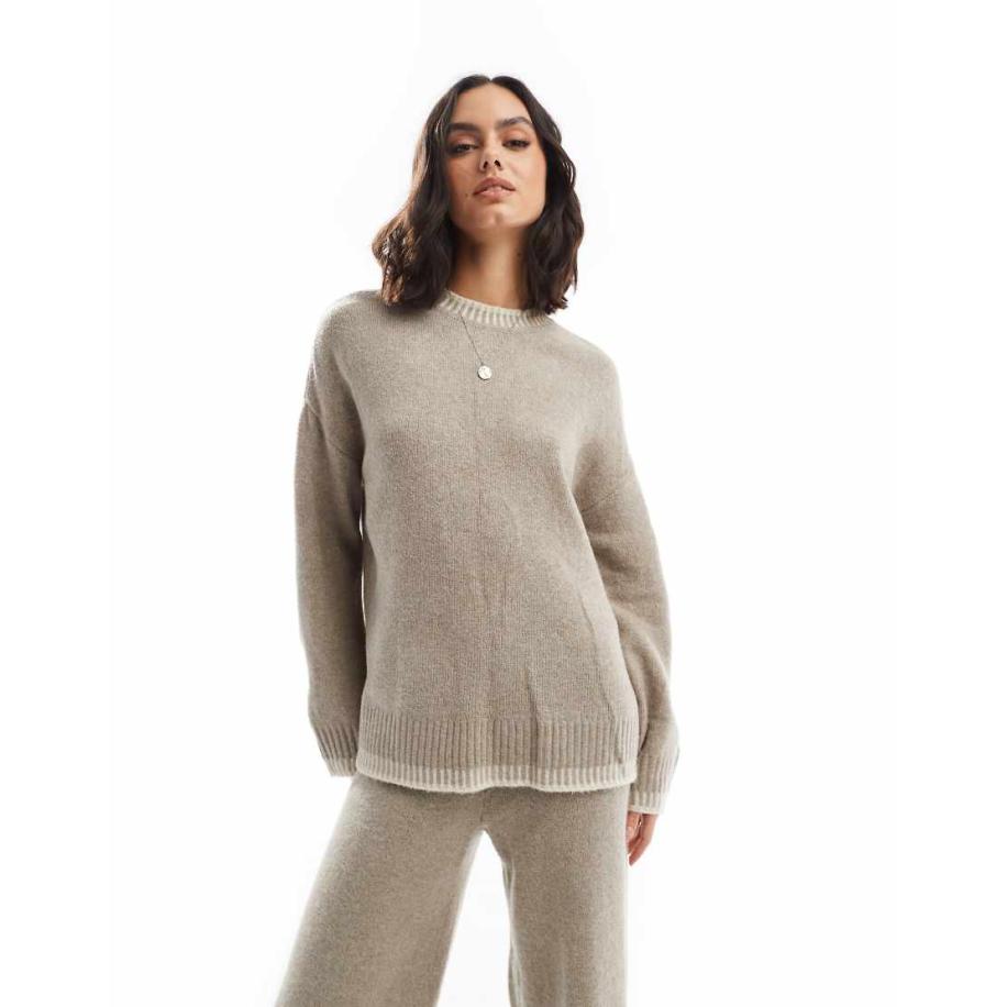 ONLY Gebreide coltrui met opstaande hals en stikselrand in beige, deel van co-ord set-Neutraal Multicolor