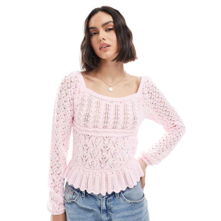Miss Selfridge Gebreide gehaakte top met lange mouwen en peplum in zachtroze-Geel Geel