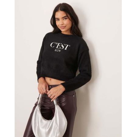 New Look Pluizige trui met 'C'est Bon'-logo in zwart