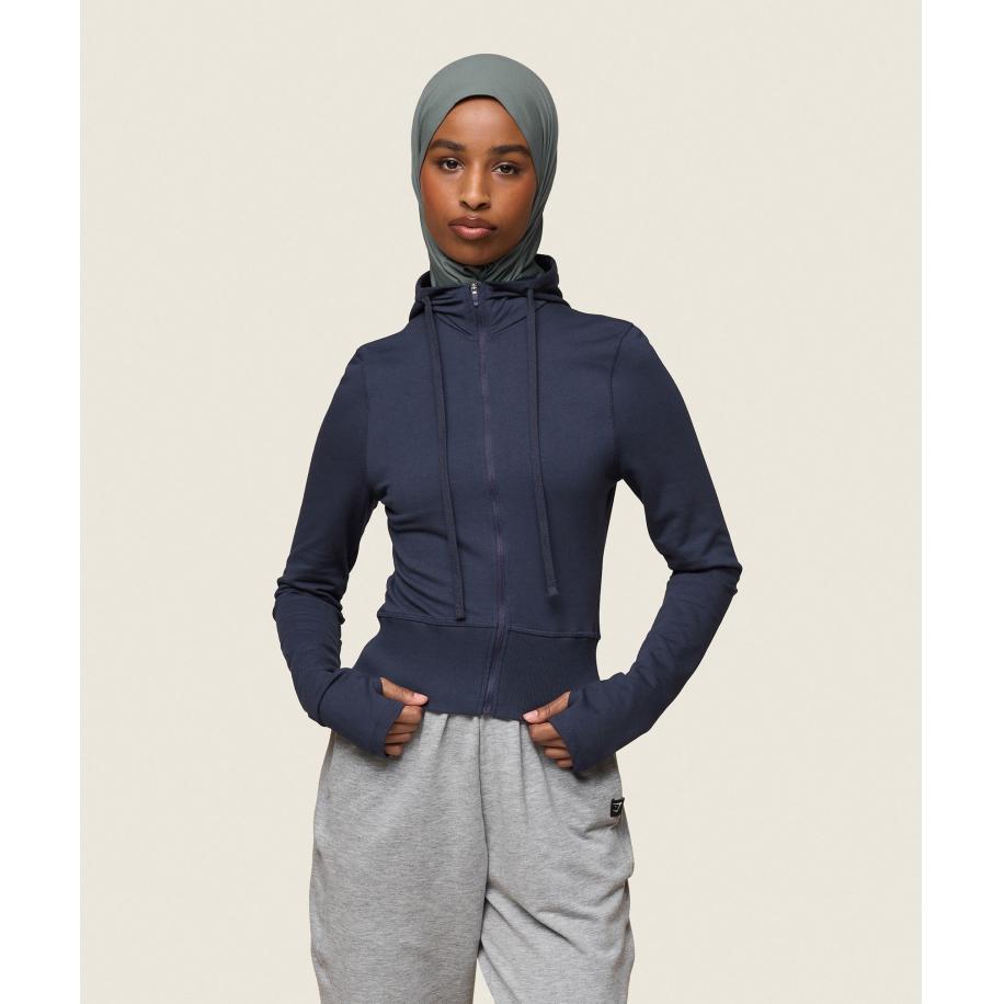 Gymshark GS x Leana Deeb Hooded Midi Top Midnight Blue Blauw