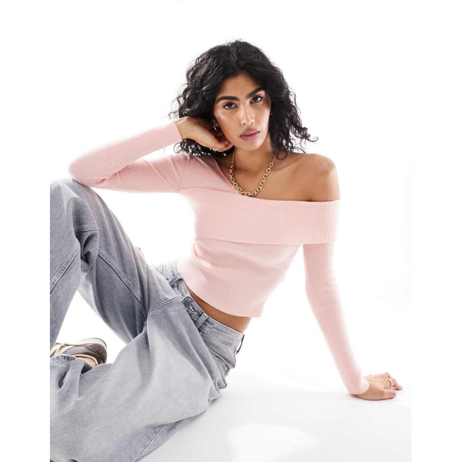 Miss Selfridge Asymmetrische geribbeld gebreide top met lange mouwen in roze Roze