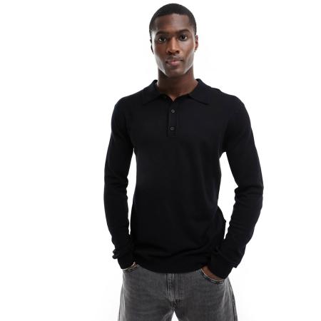 Only & Sons - Gebreide polo met lange mouwen in zwart