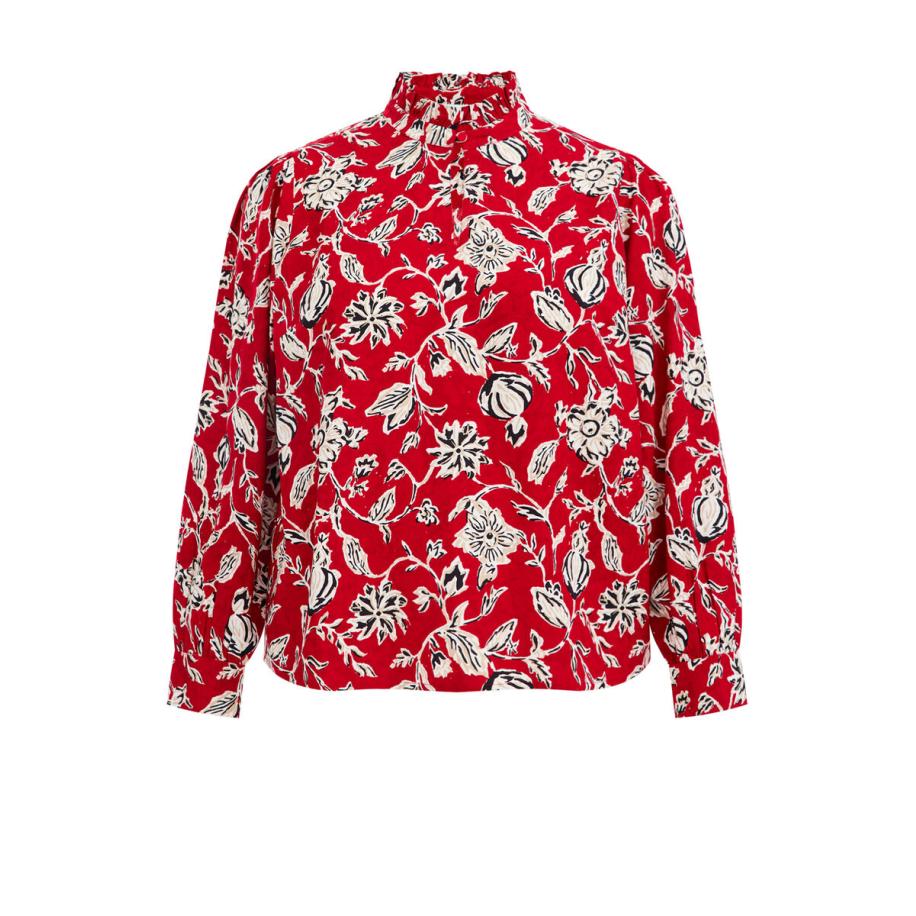 WE Fashion Dames blouse met dessin - Curve - Regular fit - Rood - Viscose - Plus Size Maat: 50 Rood