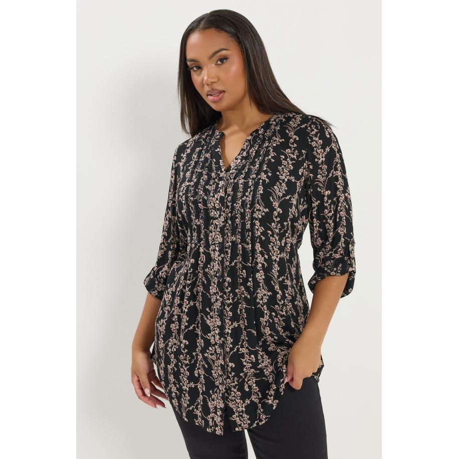 Yours Zwarte Blouse Met Pailletten, Bloemenprint En Plooien Size 58-60 Zwart