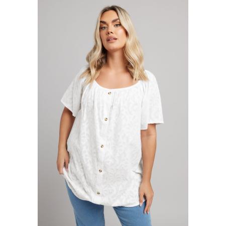 Yours Blouse Met Burnout Bladerprint, Knoopdetail En Elastische Halslijn In Wit Size 66-68