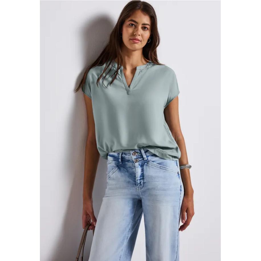 Street One Blouse met gespleten hals in effen kleur Blauw