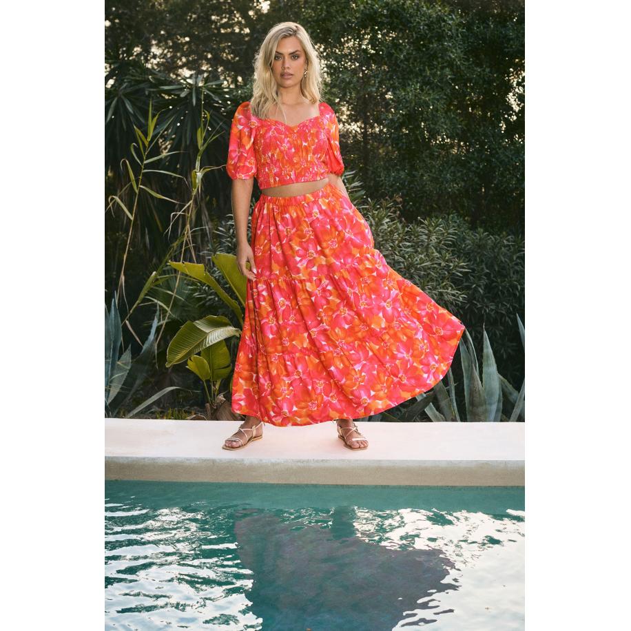 Yours Crop Top Met Bloemenmotief En Smokwerk In Roze/Oranje Size 58-60 Roze