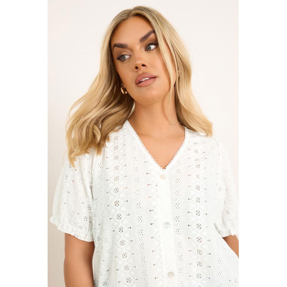 Yours Blouse Met Broderieontwerp En Pofmouwen In Wit Size 66-68 Wit