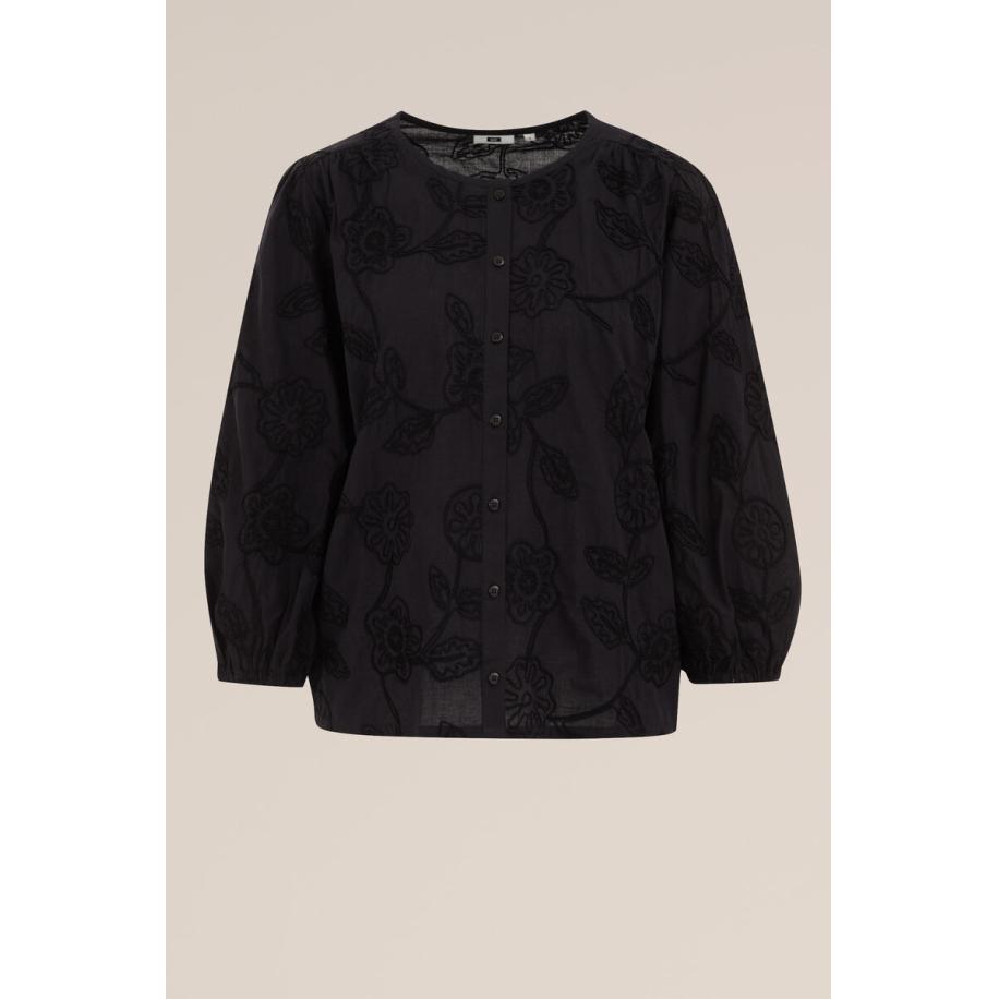 WE Fashion Dames Blouse met embroideries - Regular fit - Zwart - Katoen - Maat: XS Zwart