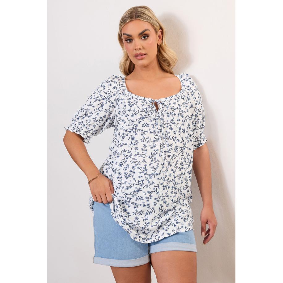 Yours Top Met Bloemenmotief, Korte Mouwen En Strikdetail In Wit/Blauw Size 66-68 Wit