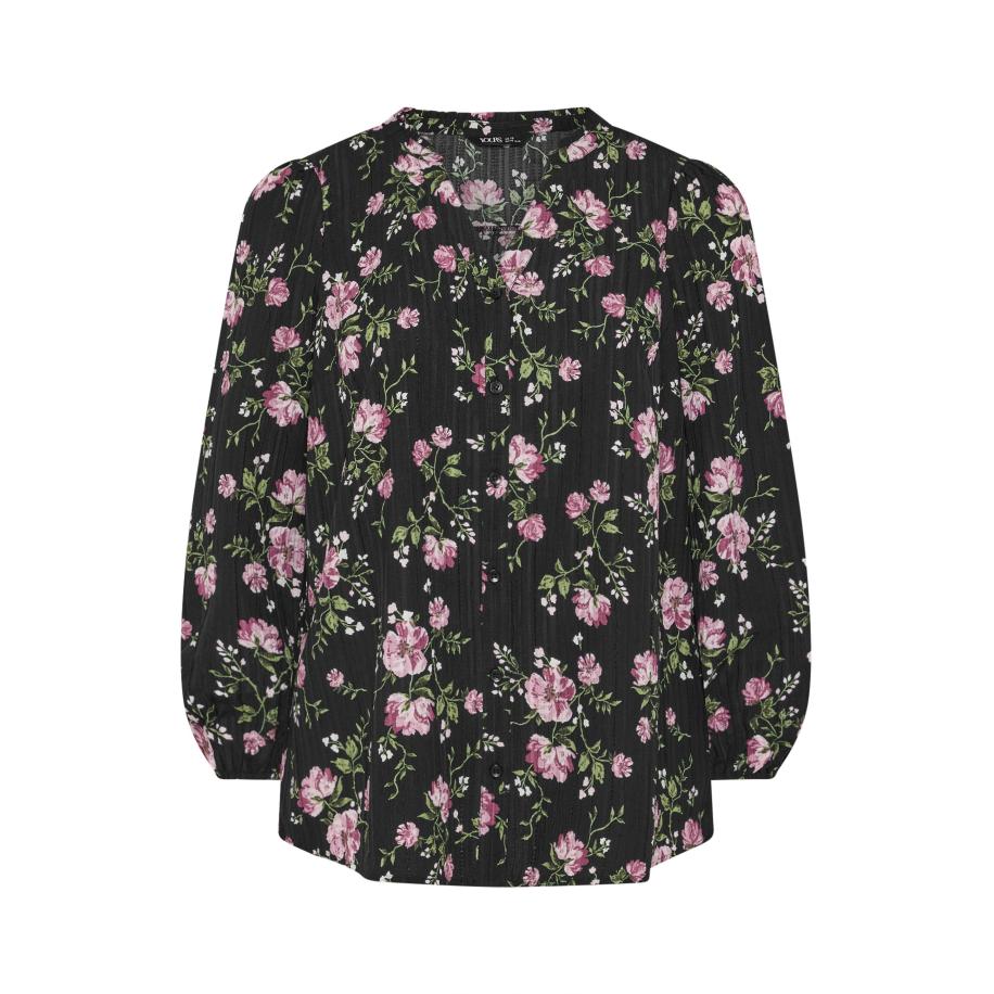 Yours Zwarte Blouse Met Bloemenprint En Inkeping Size 54-56 Zwart