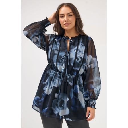 Yours Zwarte Blouse Met Wazige Bloemenprint En Strik Aan De Voorkant Size 66-68