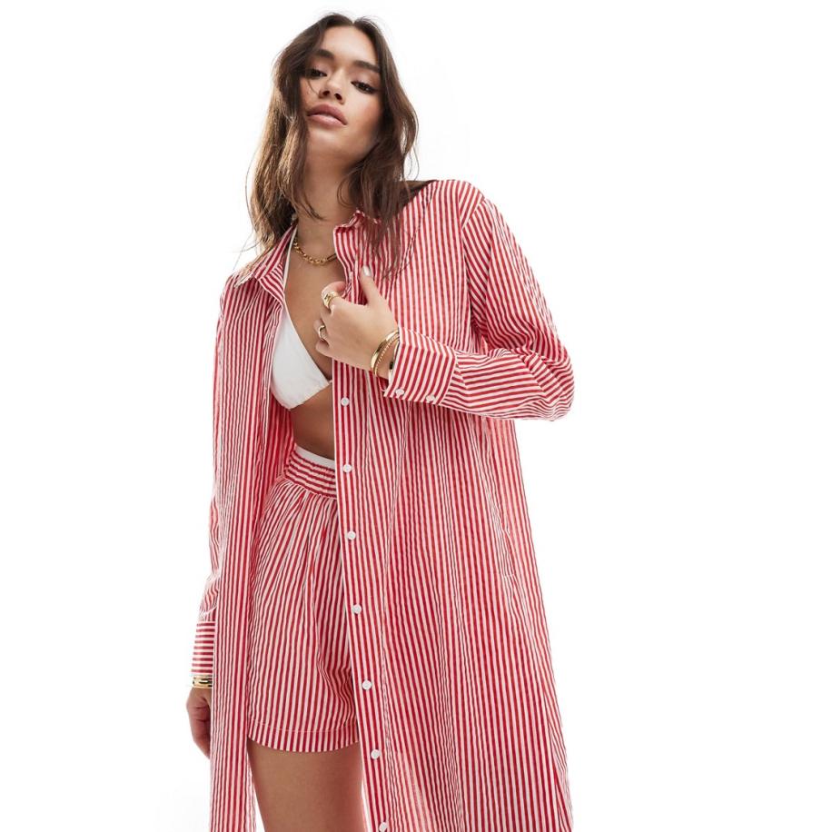 Stradivarius Gestreept strandoverhemd met lange pasvorm in rood, deel van co-ord set Rood