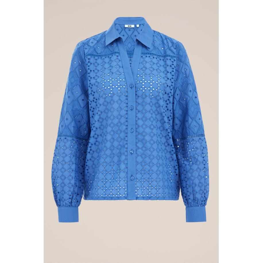 WE Fashion Dames blouse met broderie anglaise - Regular fit - Blauw - Katoen - Maat: S Blauw