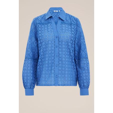 WE Fashion Dames blouse met broderie anglaise - Regular fit - Blauw - Katoen - Maat: S