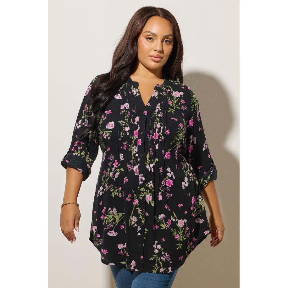 Yours Curve Zwarte Blouse Met Bloemenprint En Pintuck Size 62-64 Zwart