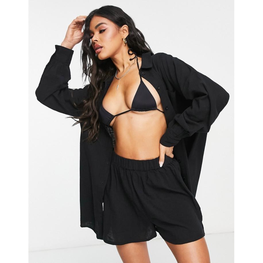 ASOS DESIGN Strandoverhemd met textuur en doorlopende knopen in zwart Multicolor