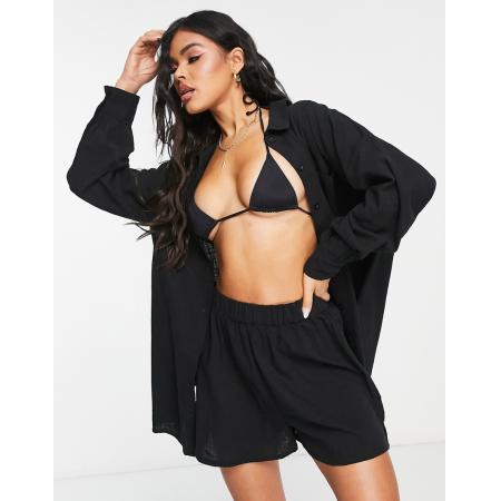 ASOS DESIGN Strandoverhemd met textuur en doorlopende knopen in zwart