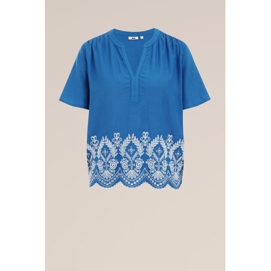 WE Fashion Dames top met embroideries - Regular fit - Blauw - Livaeco viscose - Maat: S Blauw
