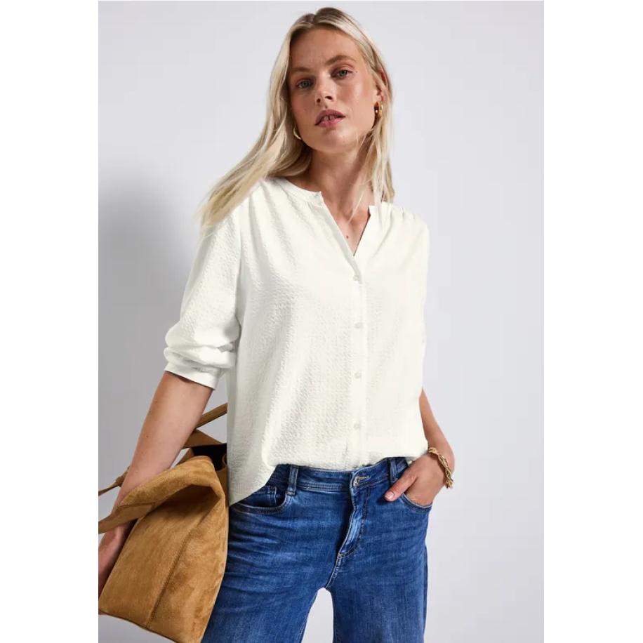 Street One Seersucker blouse met gespleten hals Wit