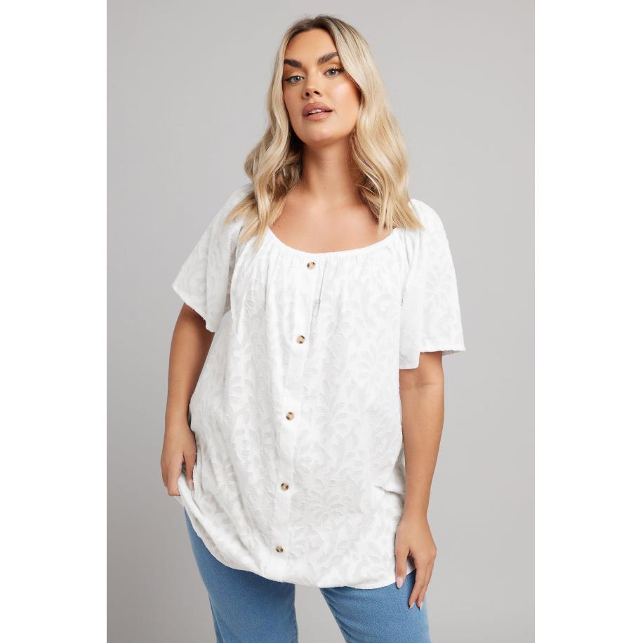 Yours Blouse Met Burnout Bladerprint, Knoopdetail En Elastische Halslijn In Wit Size 66-68 Wit