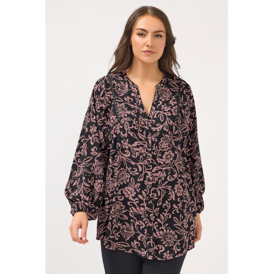 Yours Bruine Bouse Met Bloemenprint En Studs Size 66-68 Bruin