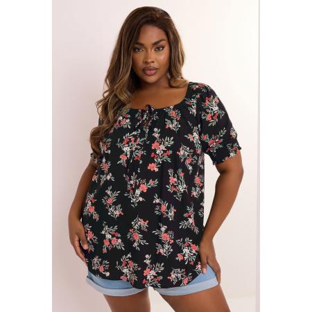 Yours Top Met Bloemenmotief En Mouwen Met Elastische Boorden In Zwart Size 66-68