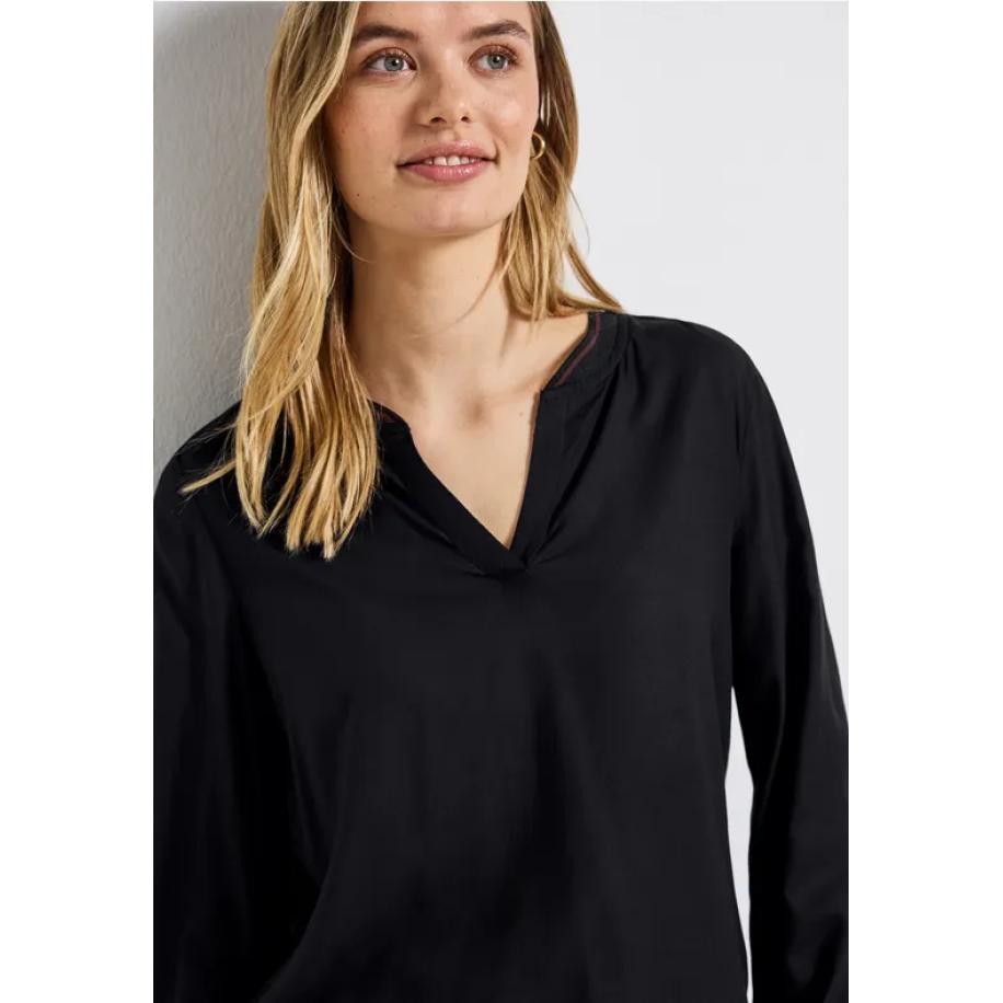 Street One Blouse met gespleten hals en tape Zwart