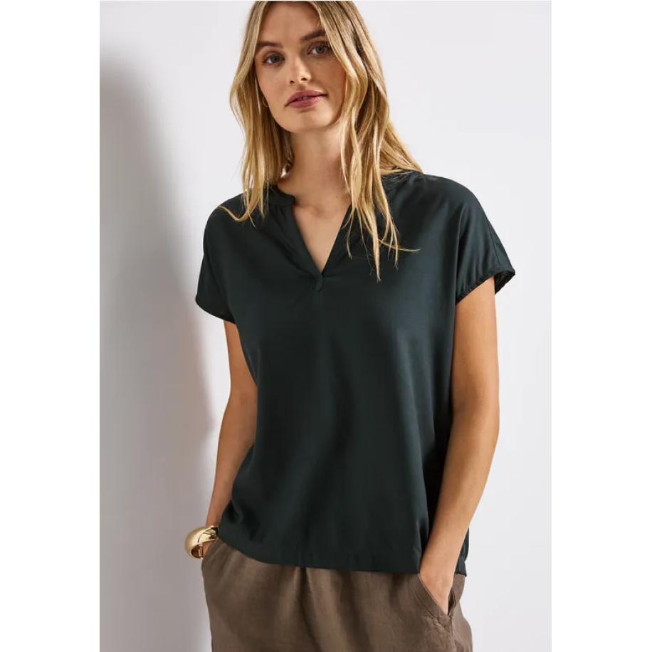 Street One Blouse met gespleten hals in effen kleur Groen