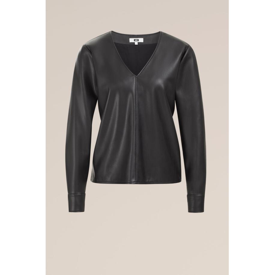 WE Fashion Dames blouse van imitatieleer - Regular fit - Zwart - Maat: XS Zwart