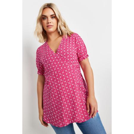Yours Blouse Met Tegelprint En Korte Ruchemouwen In Roze Size 58-60