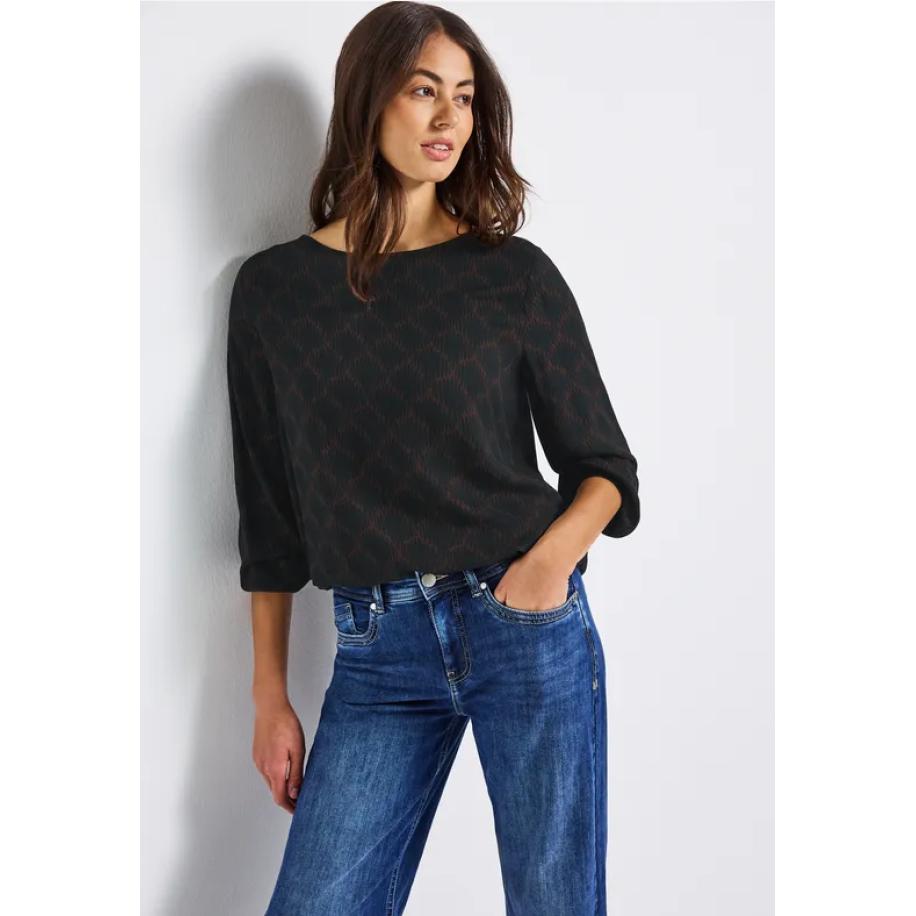 Street One Bedrukte blouse met elastische zoom Zwart
