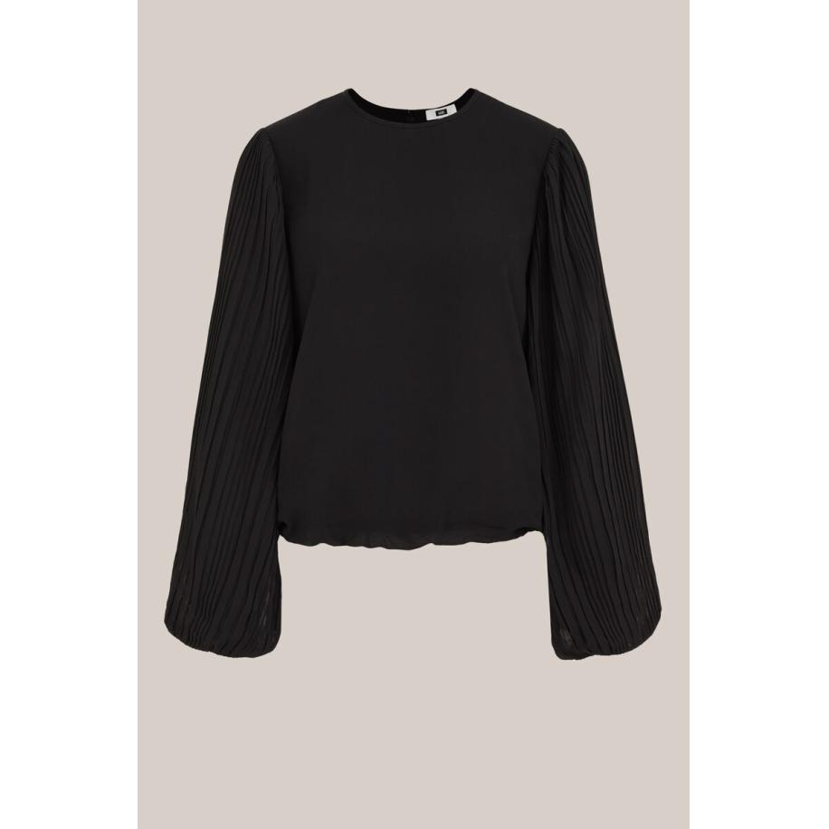 WE Fashion Dames blouse met plissémouwen - Regular fit - Zwart - Maat: XS Zwart