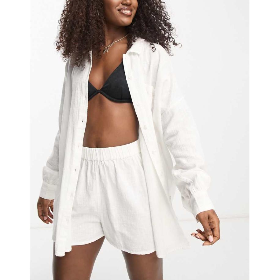 ASOS DESIGN Katoenen strandoverhemd met textuur in wit, deel van co-ord set Wit