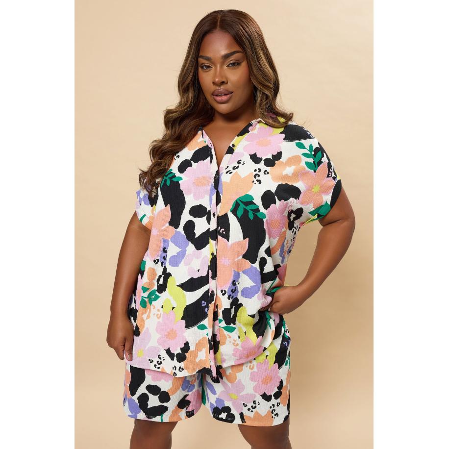 Yours Overhemd Met Korte Mouwen En Bloemenmotief Met Textuur In Wit/Roze Size 58-60 Wit