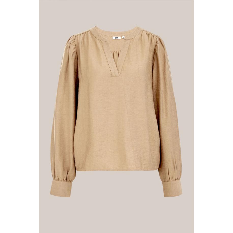 WE Fashion Dames blouse met ballonmouwen - Regular fit - Greige - Viscose - Maat: XS Grijs