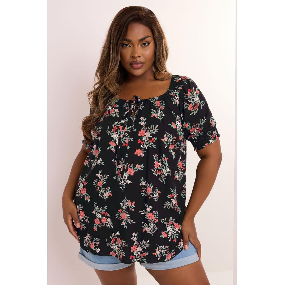 Yours Top Met Bloemenmotief En Mouwen Met Elastische Boorden In Zwart Size 66-68 Zwart