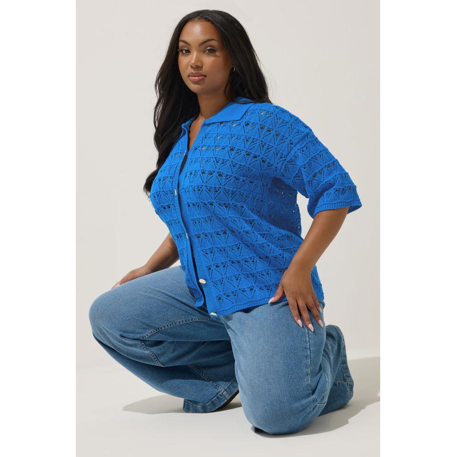 Limited Collection Gehaakte Top Met Knoopsluiting En Korte Mouwen In Kobaltblauw Size 58-60 Blauw