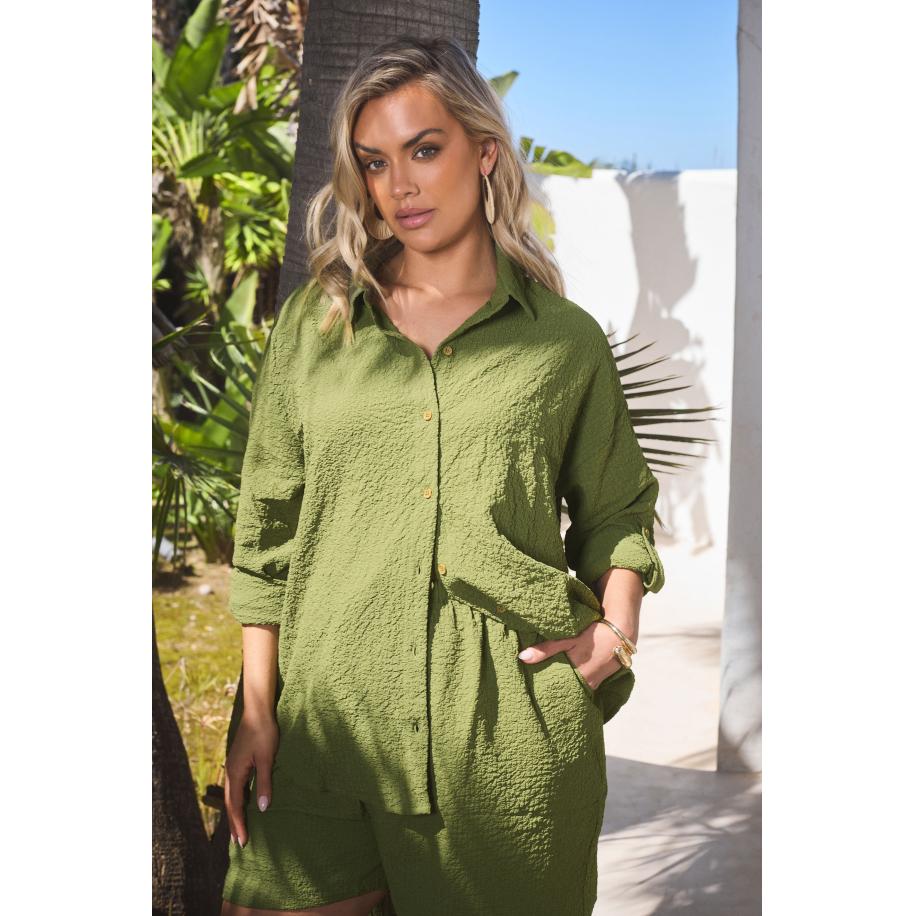 Yours Overhemd Met Textuur En Lange Mouwen In Kakigroen Size 66-68 Groen