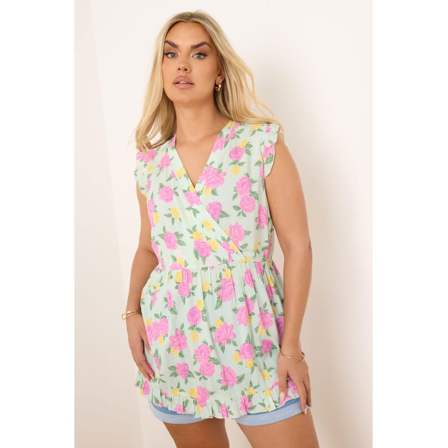 Yours Wikkeltop Zonder Mouwen Met Bloemenmotief In Lichtgroen/Roze Size 66-68 Groen