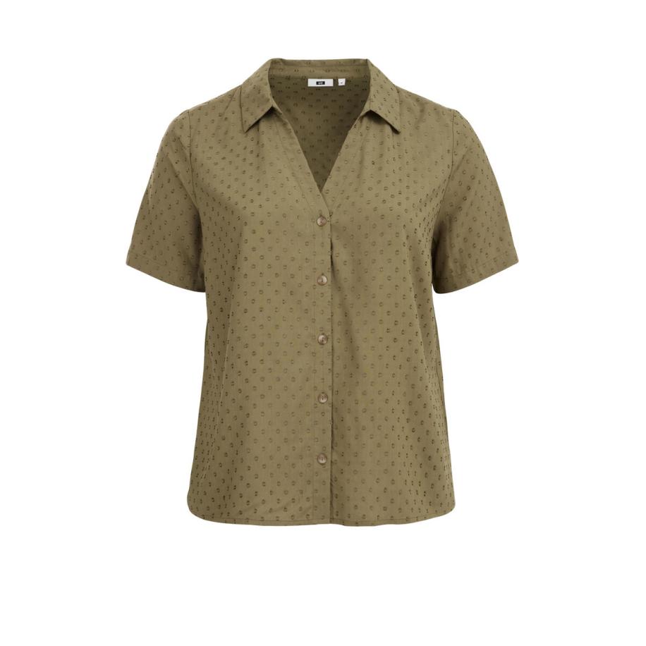 WE Fashion Dames blouse met structuur - Regular fit - Olijfgroen - Viscose - Maat: 48 Groen