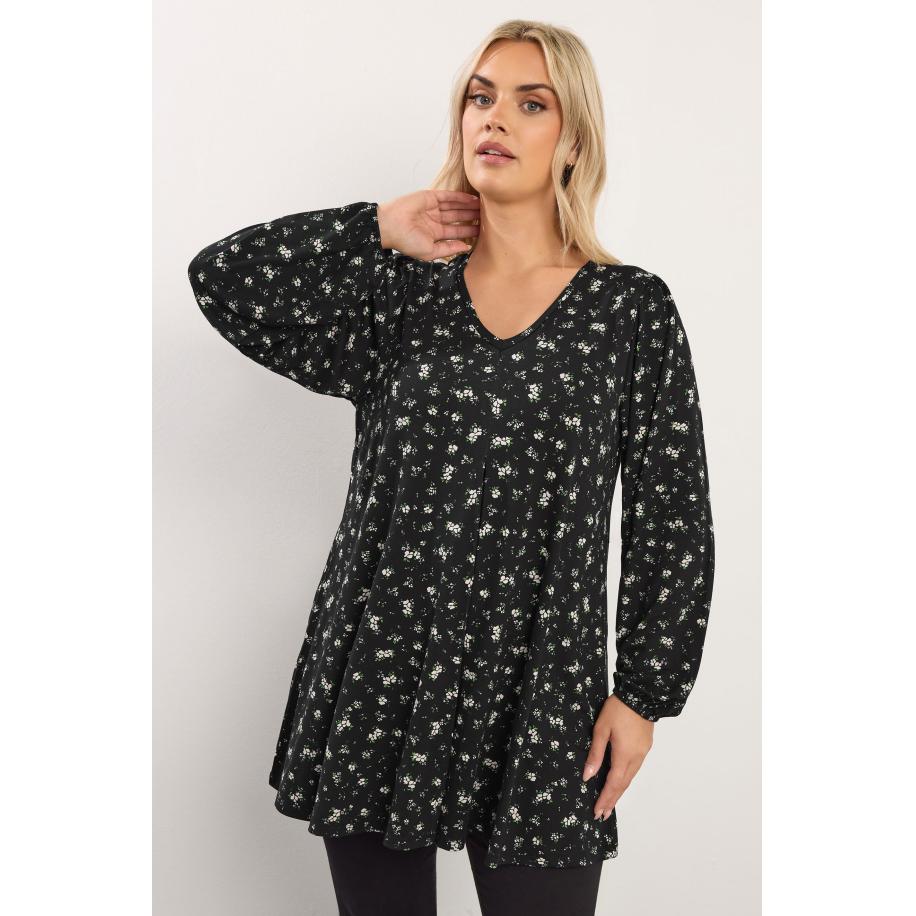 Yours Zwarte Top Met Bloemenprint En Plooien Aan De Voorkant Size 46 Zwart