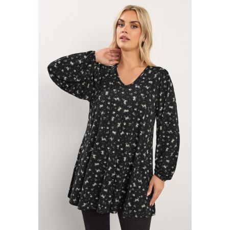 Yours Zwarte Top Met Bloemenprint En Plooien Aan De Voorkant Size 46